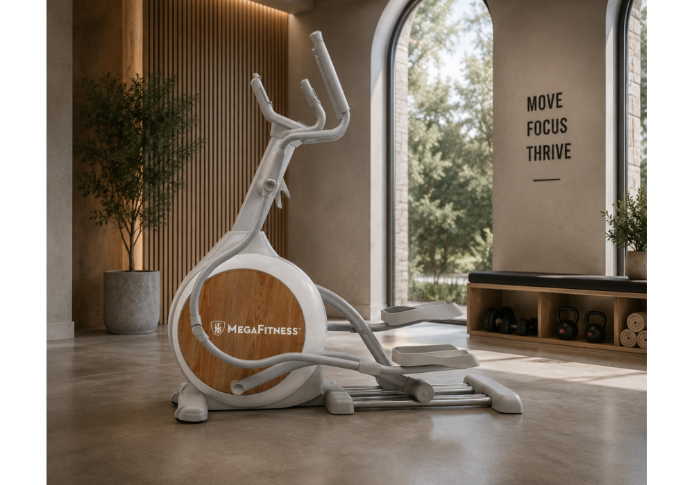 Megafitness elliptical trainer with magnetic 32-level resistance and 53cm stride for smooth cardio workouts