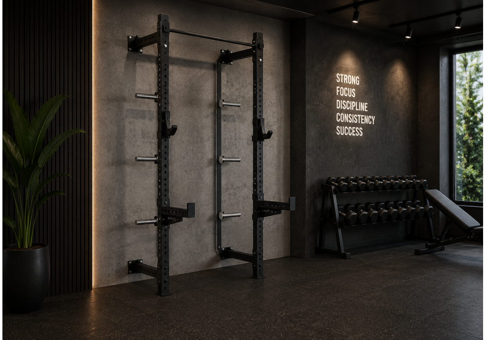 Αναδιπλούμενο επιτοίχιο rack Megafitness για προπόνηση δύναμης και εξοικονόμηση χώρου