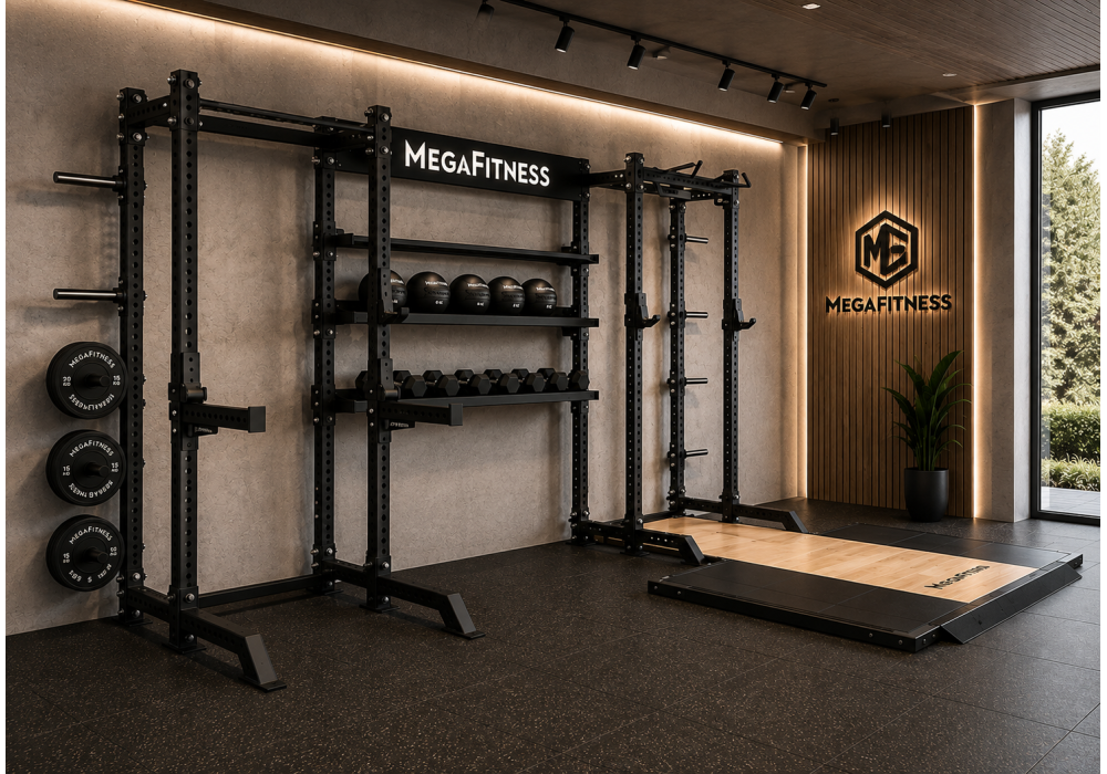 Επαγγελματικός σταθμός MegaFitness με διπλό rack, πλατφόρμα άρσεων και αποθηκευτικό χώρο