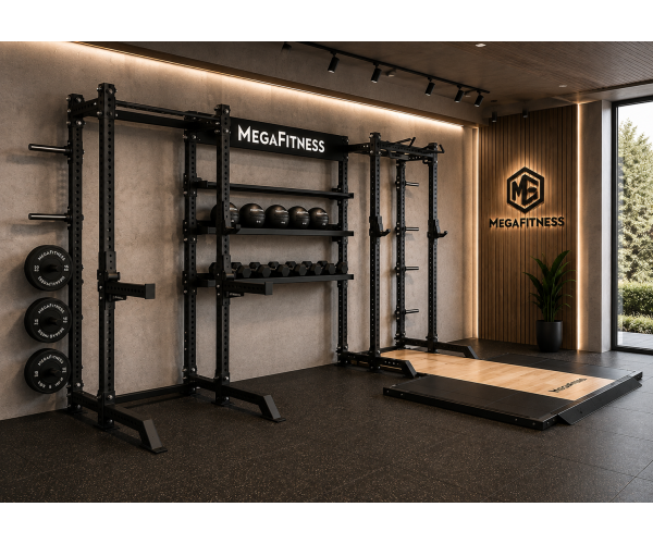 Επαγγελματικός σταθμός MegaFitness με διπλό rack, πλατφόρμα άρσεων και αποθηκευτικό χώρο