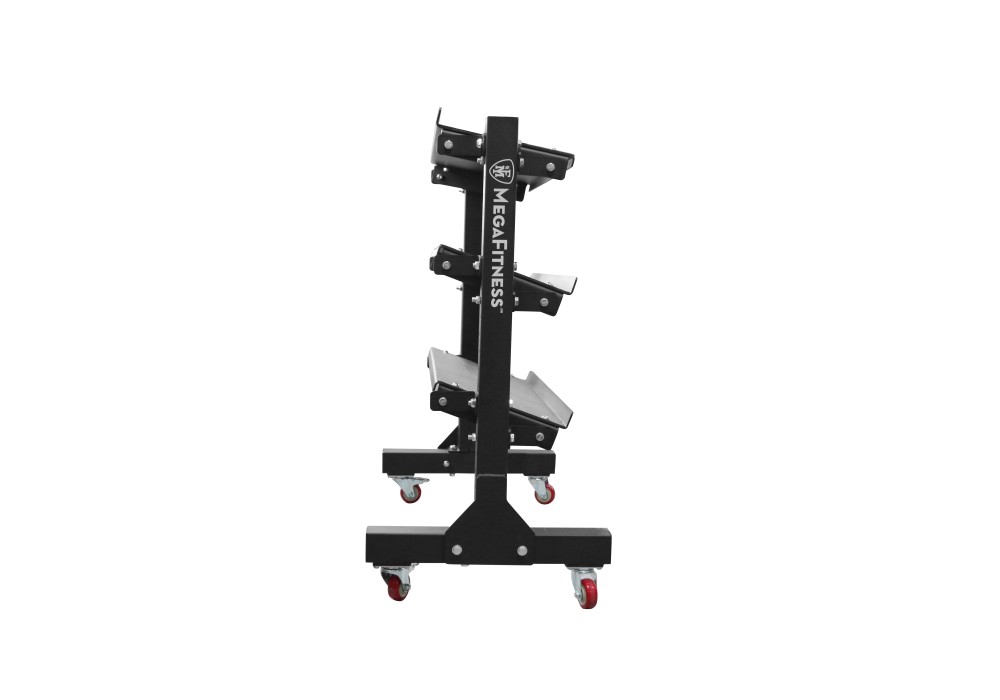 Mobile metal dumbbell rack with adjustable storage rails