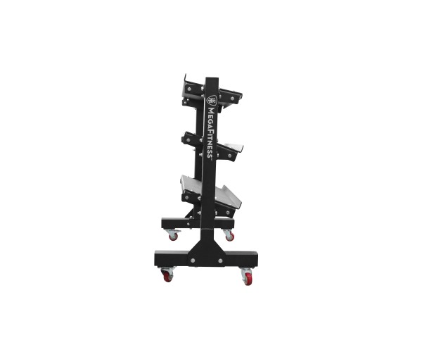 Mobile metal dumbbell rack with adjustable storage rails