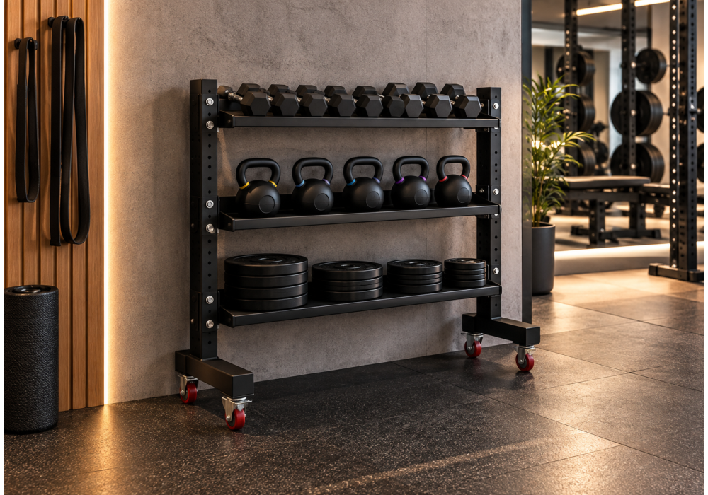 Mobile metal dumbbell rack with adjustable storage rails
