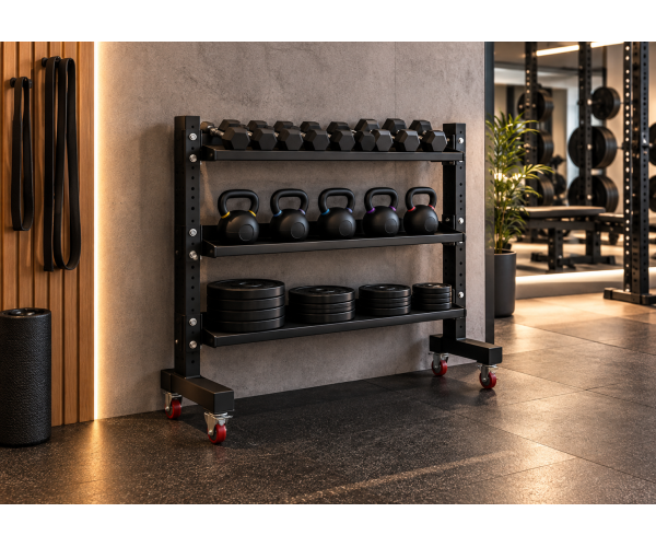 Mobile metal dumbbell rack with adjustable storage rails