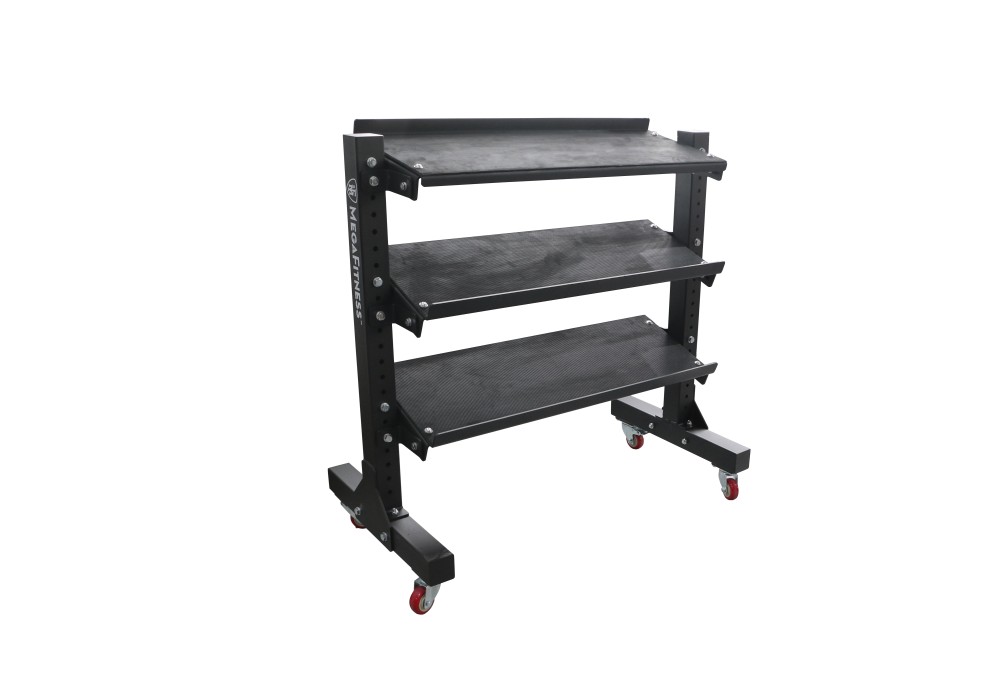 Mobile metal dumbbell rack with adjustable storage rails