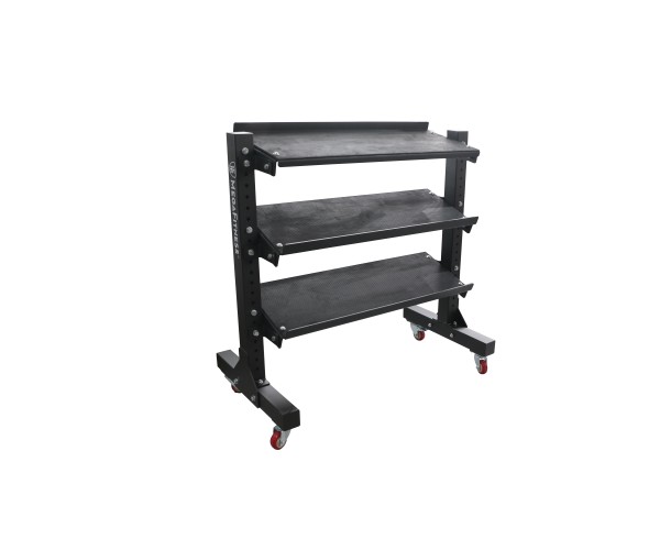 Mobile metal dumbbell rack with adjustable storage rails