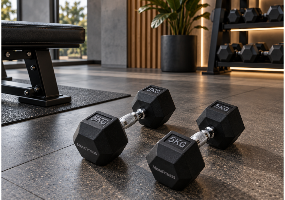 Black rubber hex dumbbell 5 kg