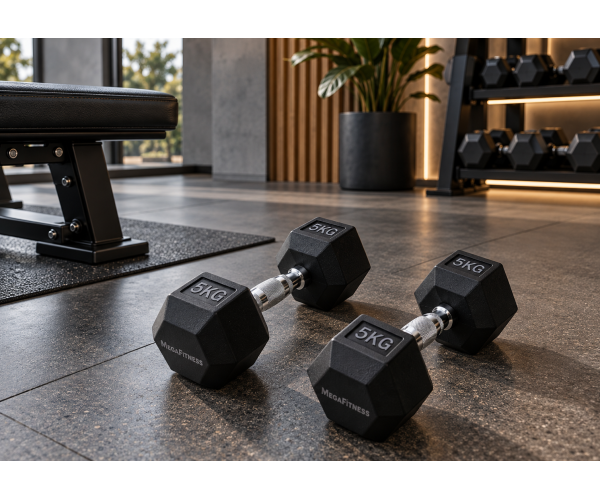 Black rubber hex dumbbell 5 kg