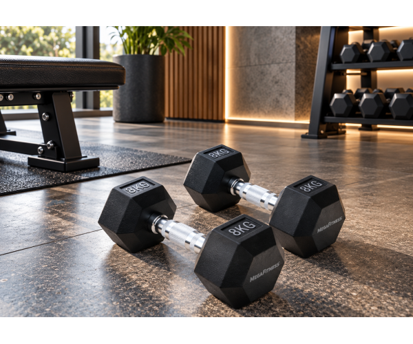 Black rubber hex dumbbell 8 kg