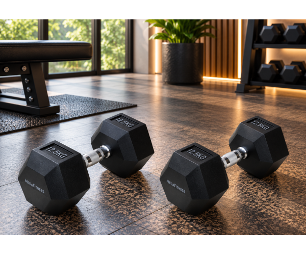 Black rubber hex dumbbell 12.5 kg