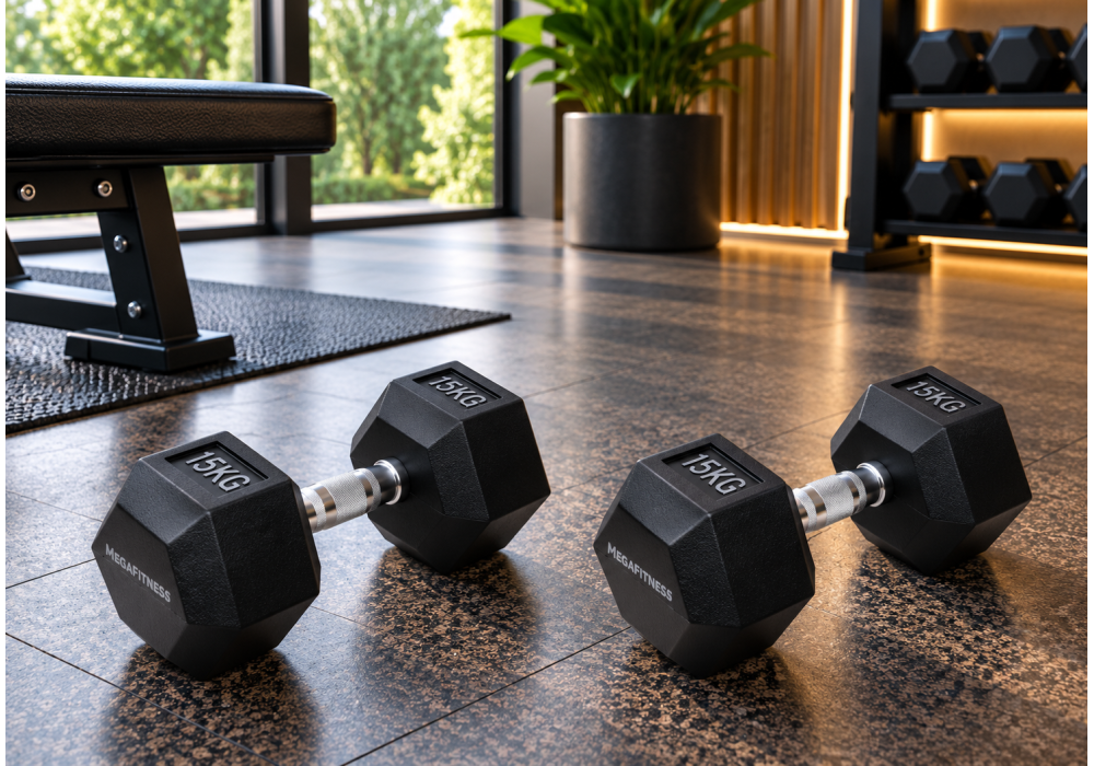 Black rubber hex dumbbell 15 kg
