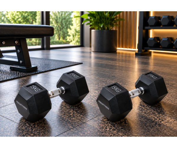 Black rubber hex dumbbell 15 kg