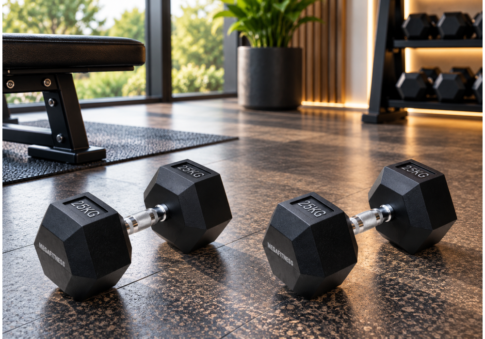Black rubber hex dumbbell 25 kg