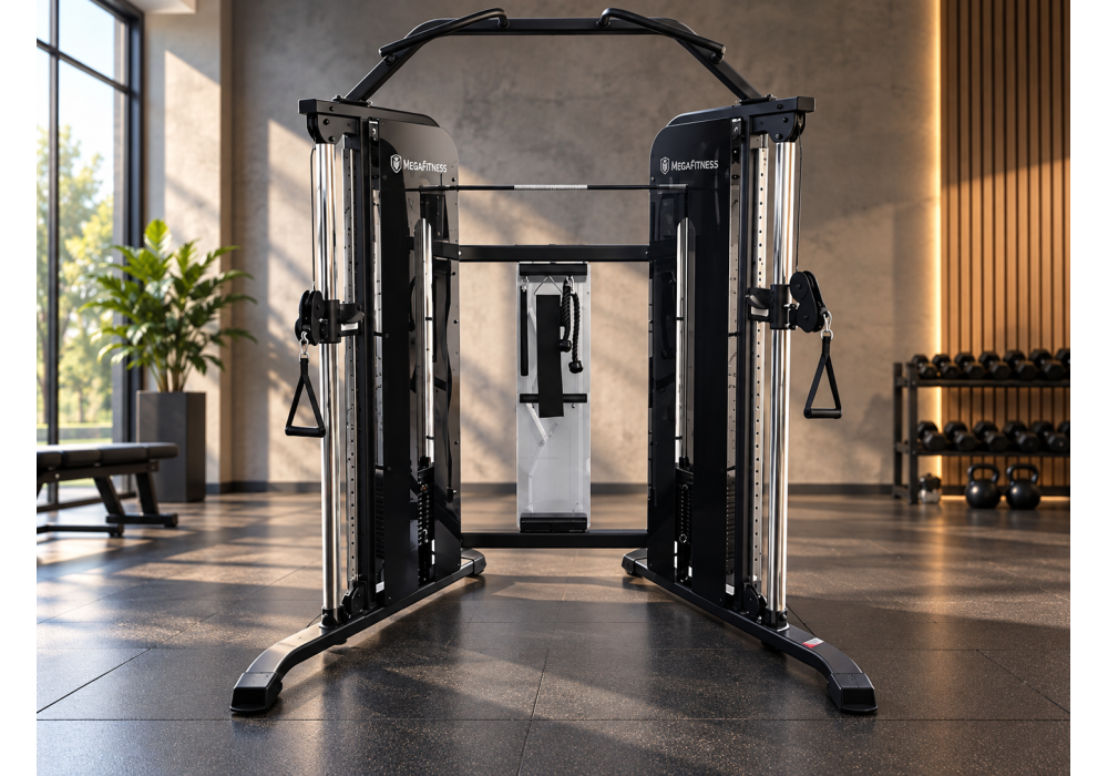 MegaFitness Commercial Cable Gym with dual adjustable pulleys and central mirror