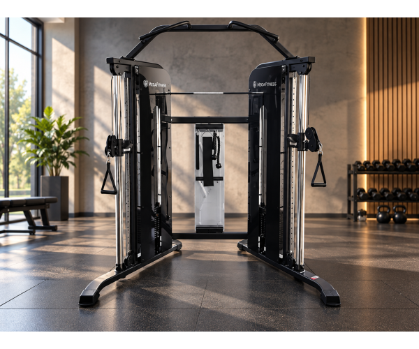 MegaFitness Commercial Cable Gym with dual adjustable pulleys and central mirror