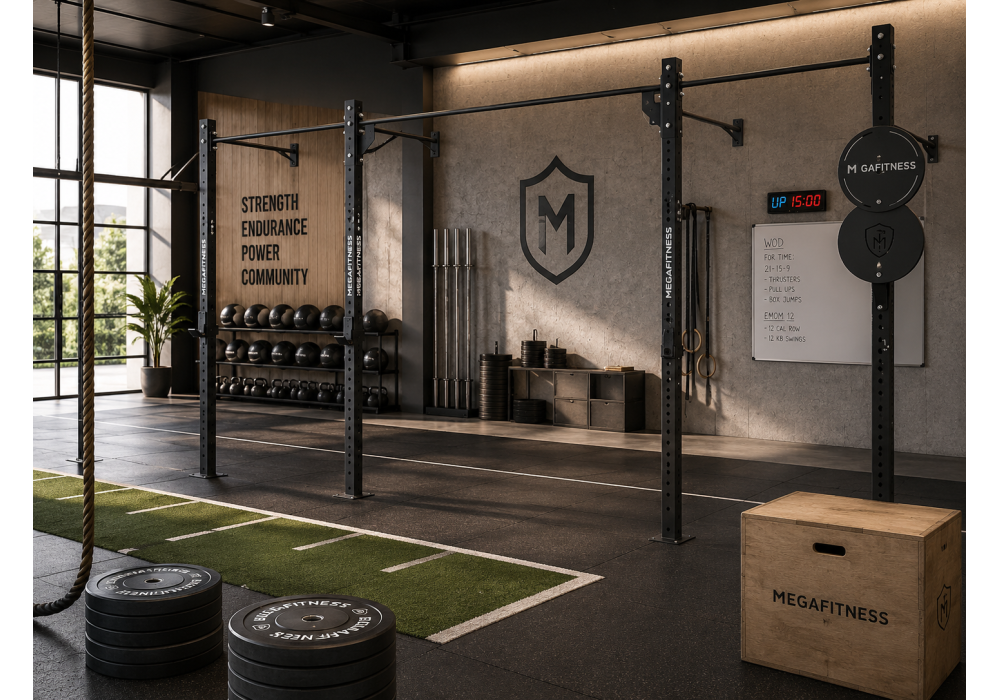 Επιτοίχιο rack MegaFitness με μονόζυγα, wall ball target και J-Hook για προπόνηση δύναμης