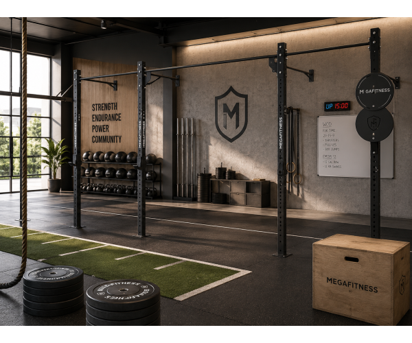 Επιτοίχιο rack MegaFitness με μονόζυγα, wall ball target και J-Hook για προπόνηση δύναμης